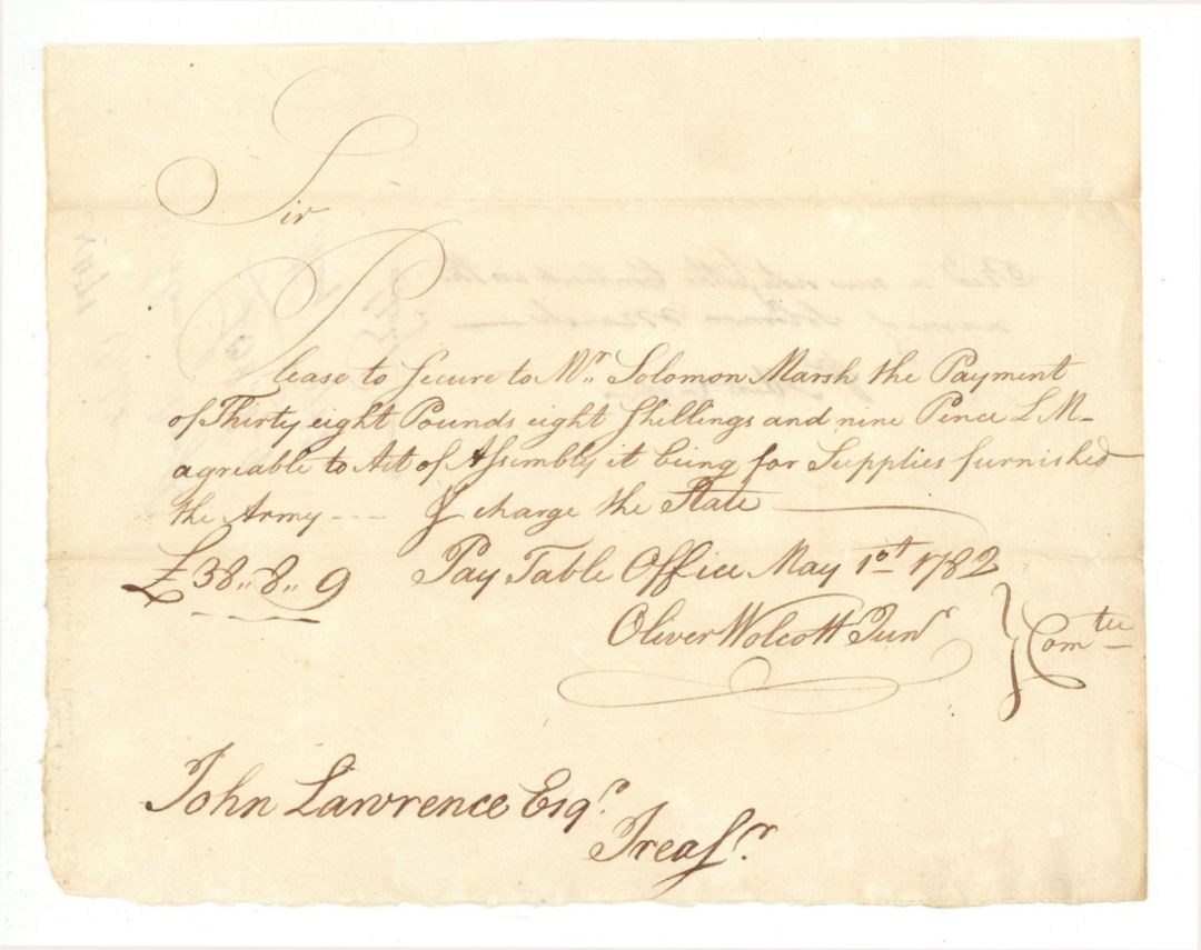 1782 dated Revolutionary War Pay Order signed by Oliver Wolcott, Jr. - Autogra