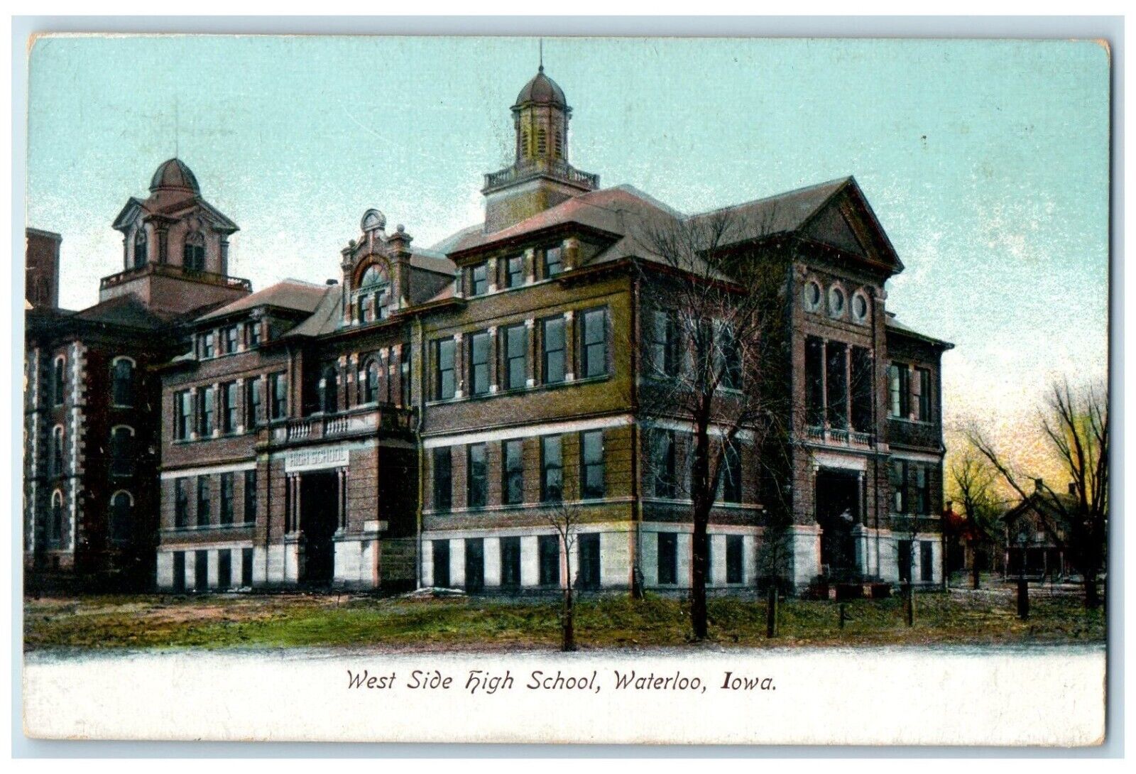 1908 West Side High School Exterior Building Waterloo Iowa IA Vintage Postcard