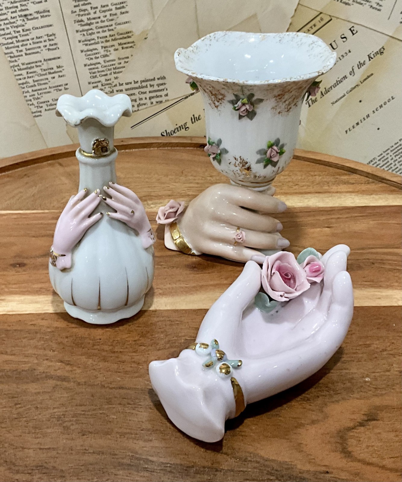Vintage Lefton Japan Porcelain Lady Hand Vases Ring Holder Roses Lot/ 3 #1 MINT