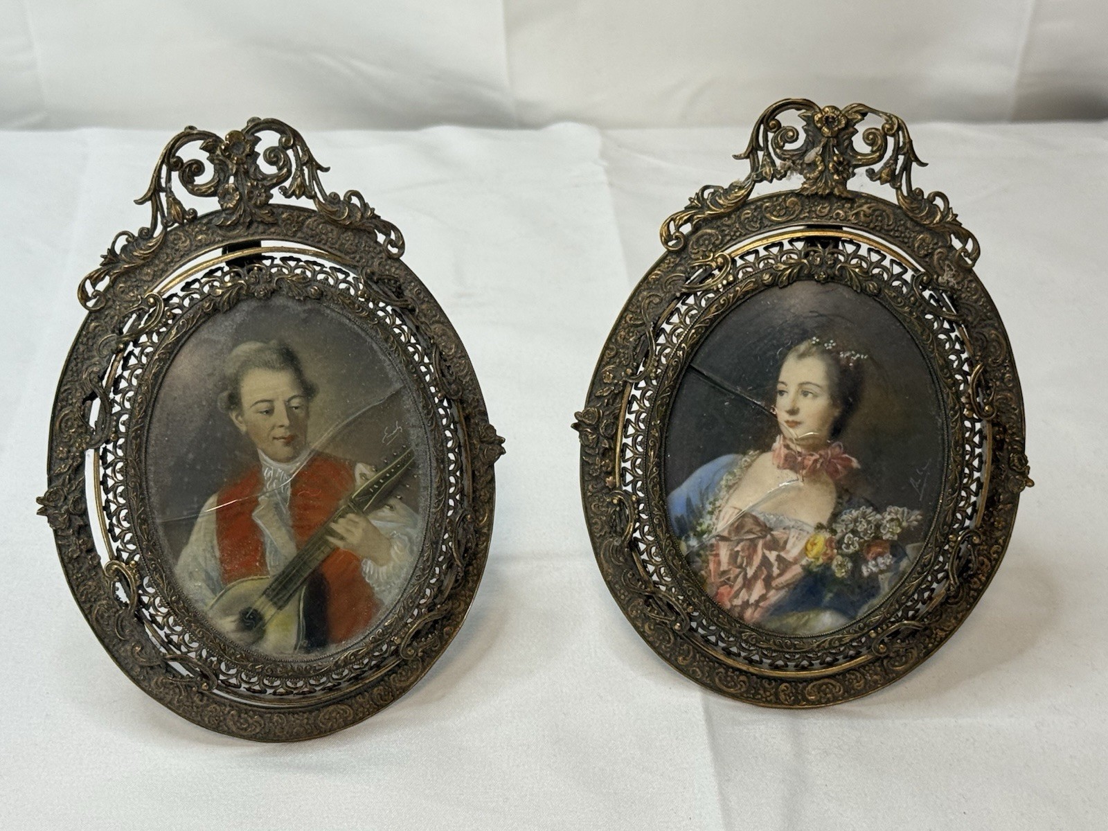 Antique Pair Of Continental Miniature Signed Paintings In Brass Frames Antique Pair Of Continental Miniature Signed Paintings In Brass Frames