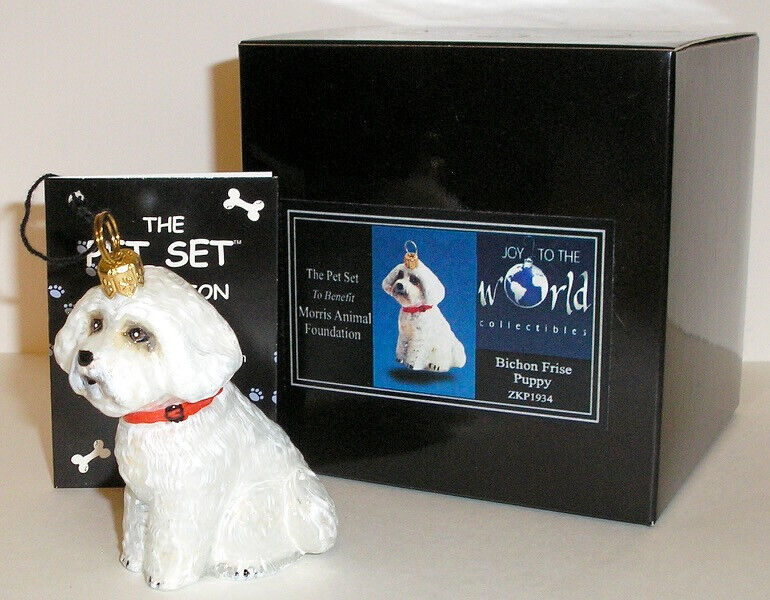 JOY TO THE WORLD - BICHON FRISE PUPPY  BLOWN GLASS CHRISTMAS ORNAMENT NEW IN BOX