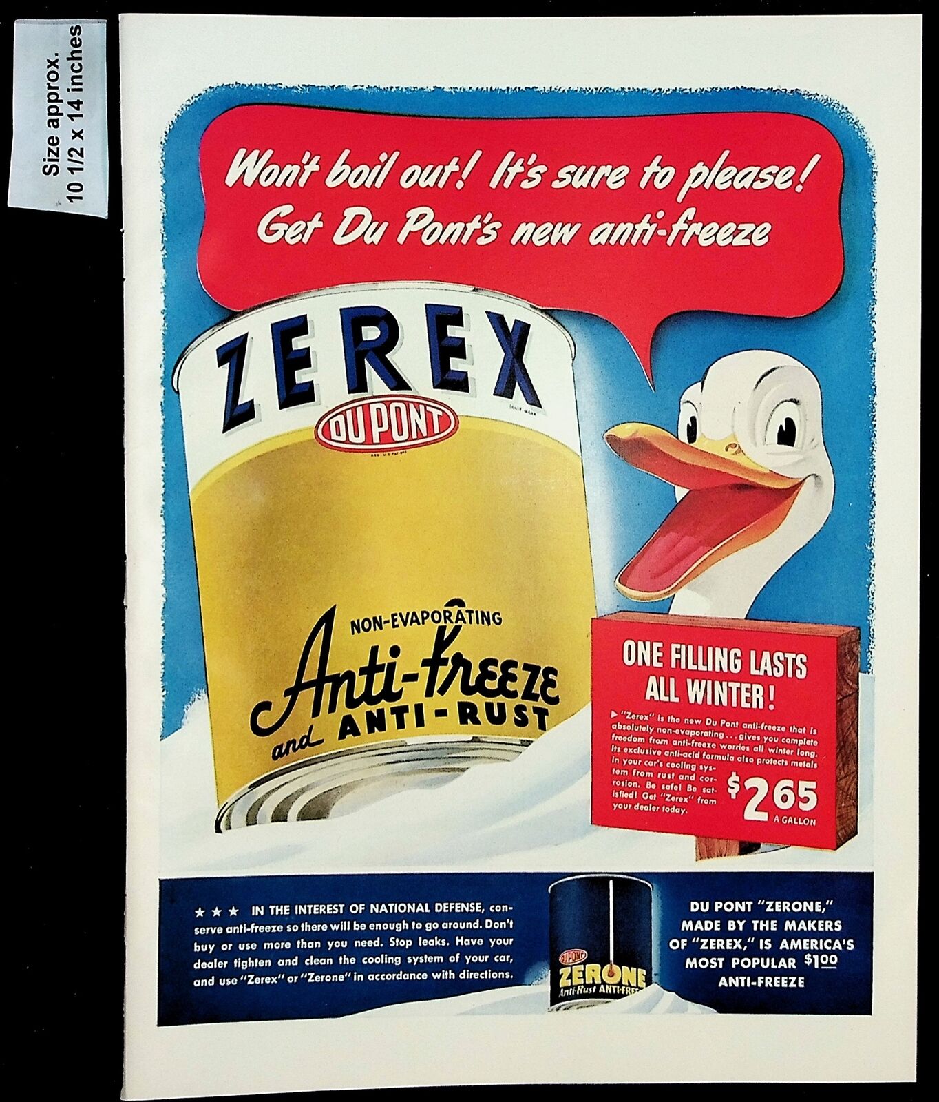 1941 Zerex Anti-Freeze Anti-Rust Duck Winter Car Service Vintage Print Ad 39915