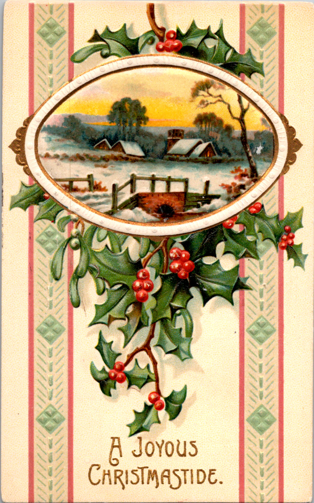 Vintage C. 1909 A Joyous Christmastide Cozy Farm & Snow Covered Bridge Postcard