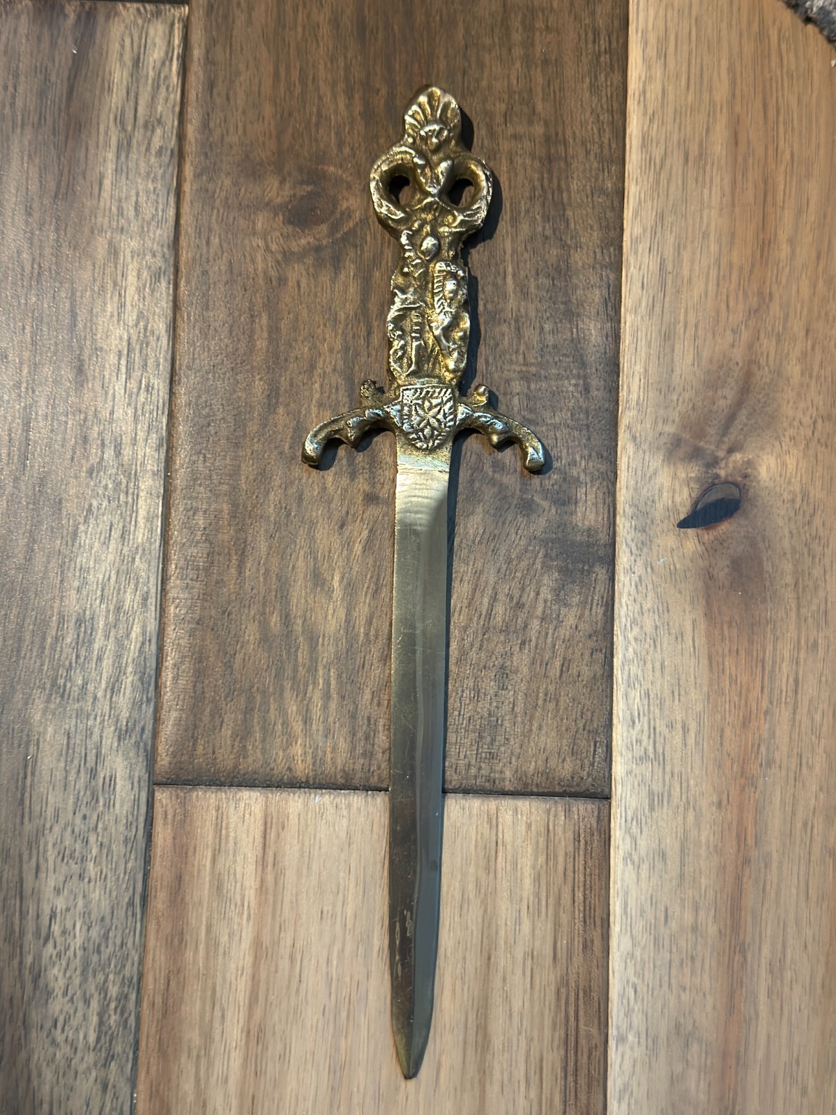 Vintage Brass Bronze Letter Opener with Medieval Knight Figure and Shield Vintage Brass Bronze Letter Opener with Medieval Knight Figure and Shield