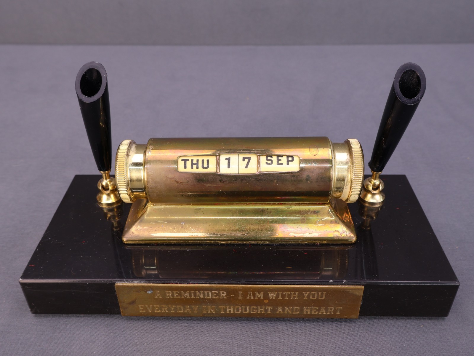 Vintage Perpetual Desk Calendar Nichols Products Co Brass Marble Base & Plaque