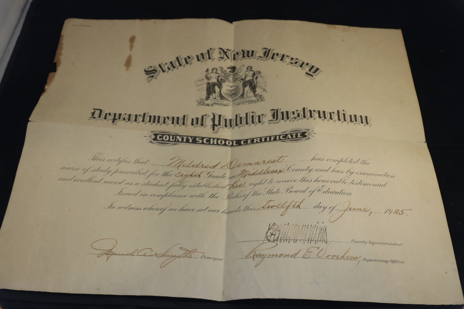 1925 N.J.  County School Certificate Middlesex County 8th Grade Diploma 16x14