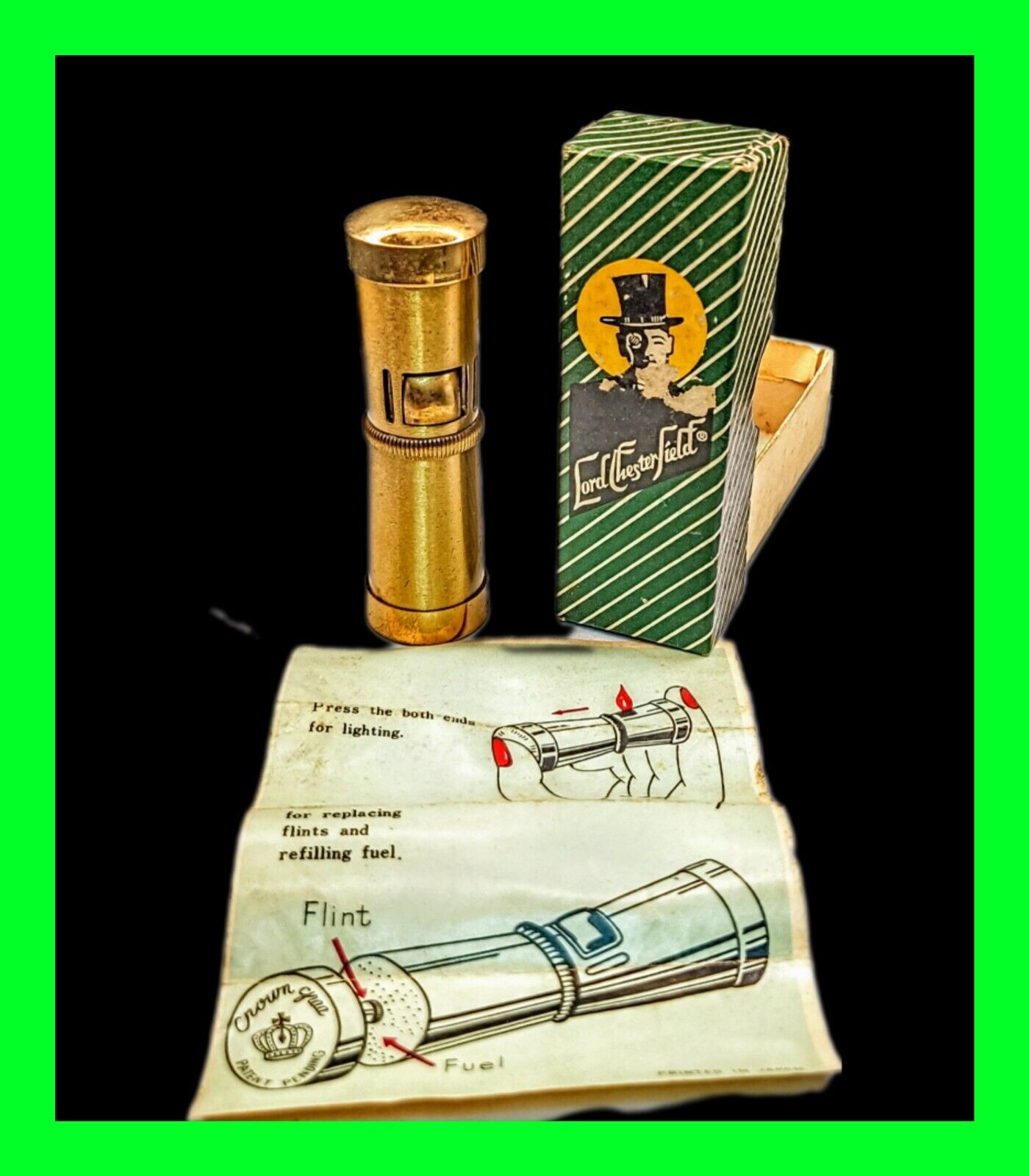 Rare Vintage Lord Chesterfield Pipe Squeeze Petrol Lighter With Original Box New