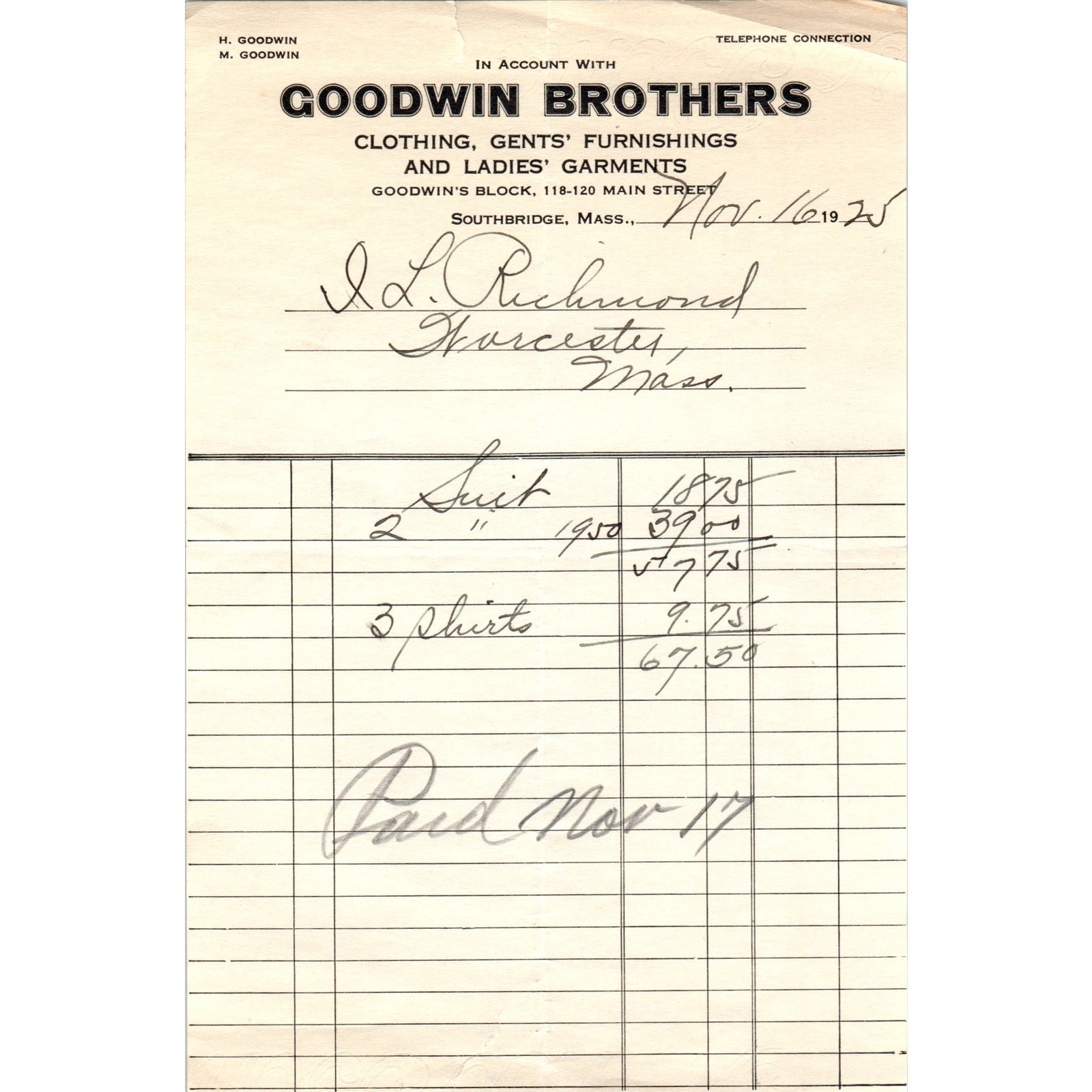 Goodwin Brothers Clothing Southbridge MA 1925 Original Billhead Receipt D8-LL Goodwin Brothers Clothing Southbridge MA 1925 Original Billhead Receipt D8-LL