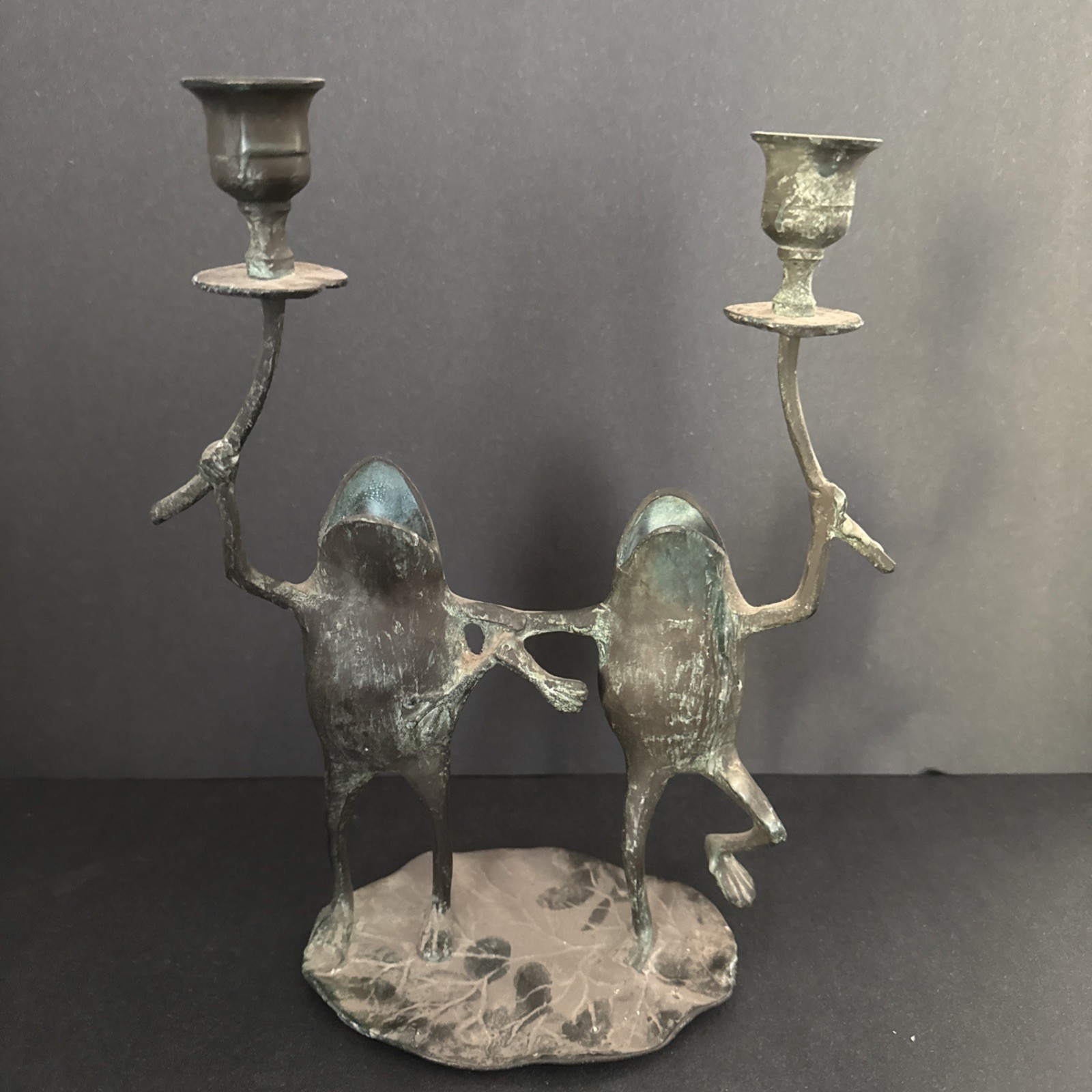 Vintage SPI Bronze Dancing Frogs Candlestick Holder Vase Heavy