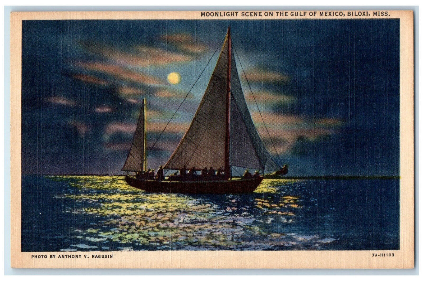 c1940\'s Boat in Moonlight Scene on the Gulf of Mexico, Biloxi MS Postcard