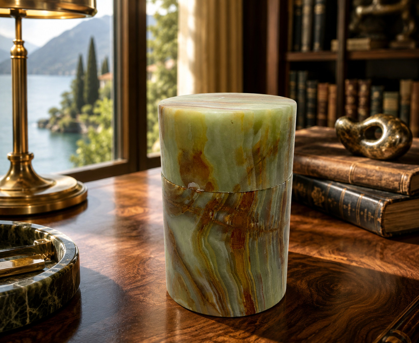 Vintage Banded Onyx Cylinder Lidded Trinket Box Green Caramel Natural Stone