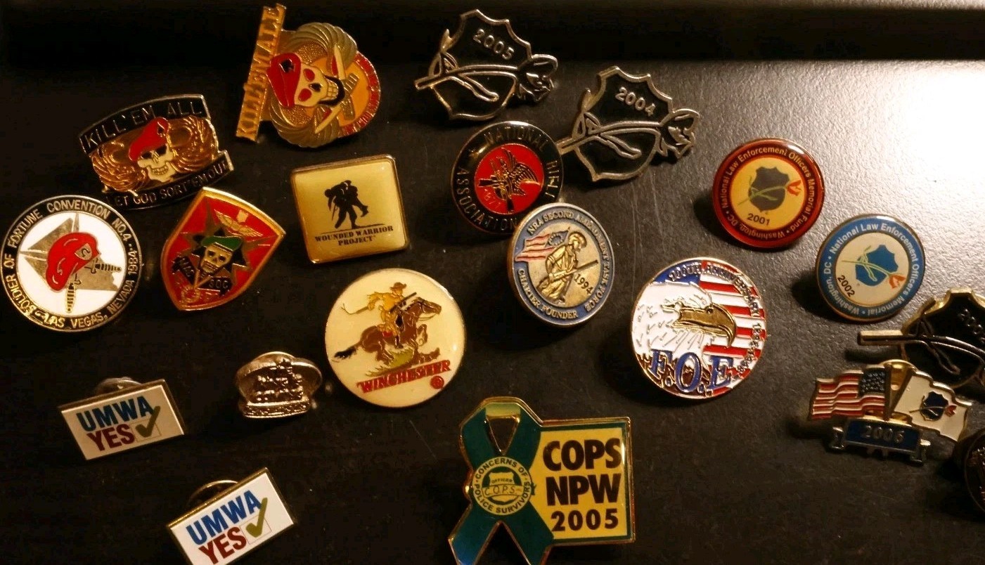 Vintage Lot of Pins Pinbacks Wounded Warrior, Winchester, FOE, NRA, PD More