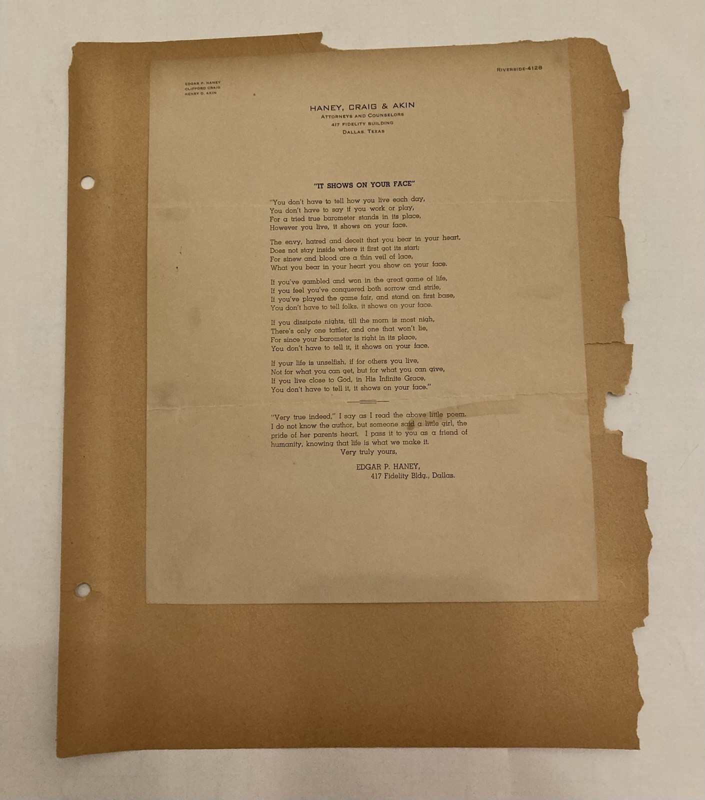 Vintage Letter Poem Edgar P Haney Haney, Craig & Akin Attorneys Dallas Texas