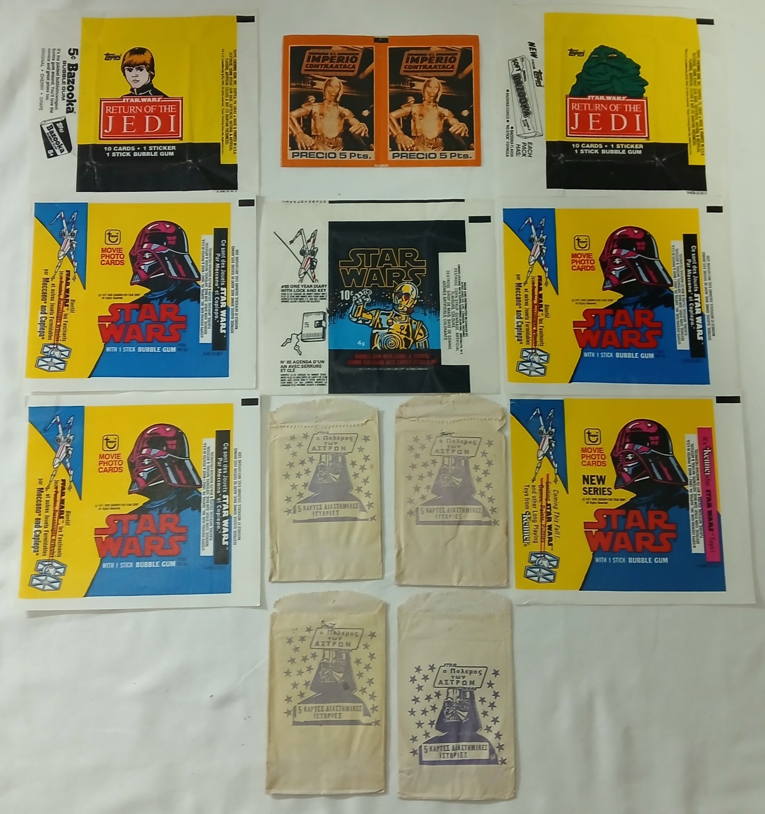 Vintage Star Wars Bubble Gum Wrapper Lot 13pc Topps OPC Greek El Imperio French