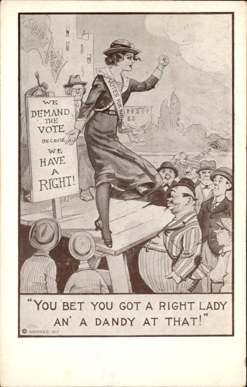 Women's Suffrage Woman on Stage Man Peeps Up Dress  Sierra's c1910 Postcard bhn