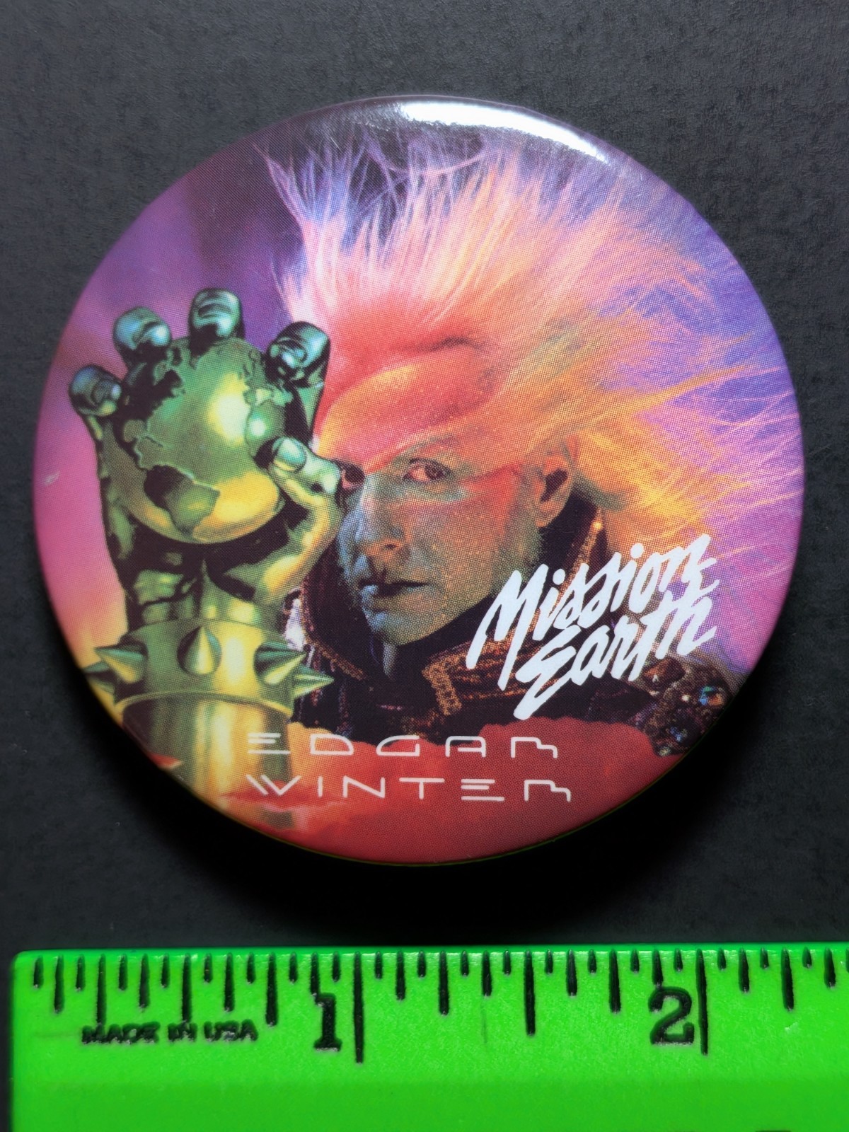 Vintage 1986 Mission Earth Space Jazz Edgard Winter Hubbard Novel Pinback Pin