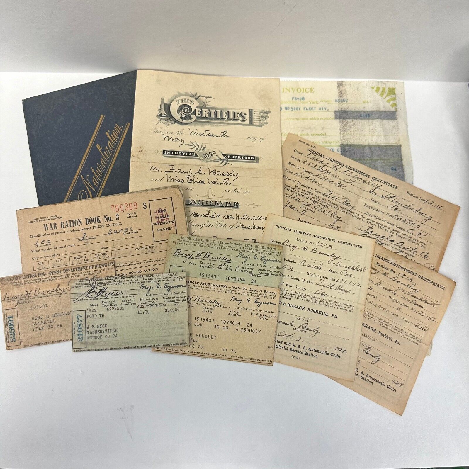 Antique Authentic Document Lot Naturalization War Ration Vehicle Registration