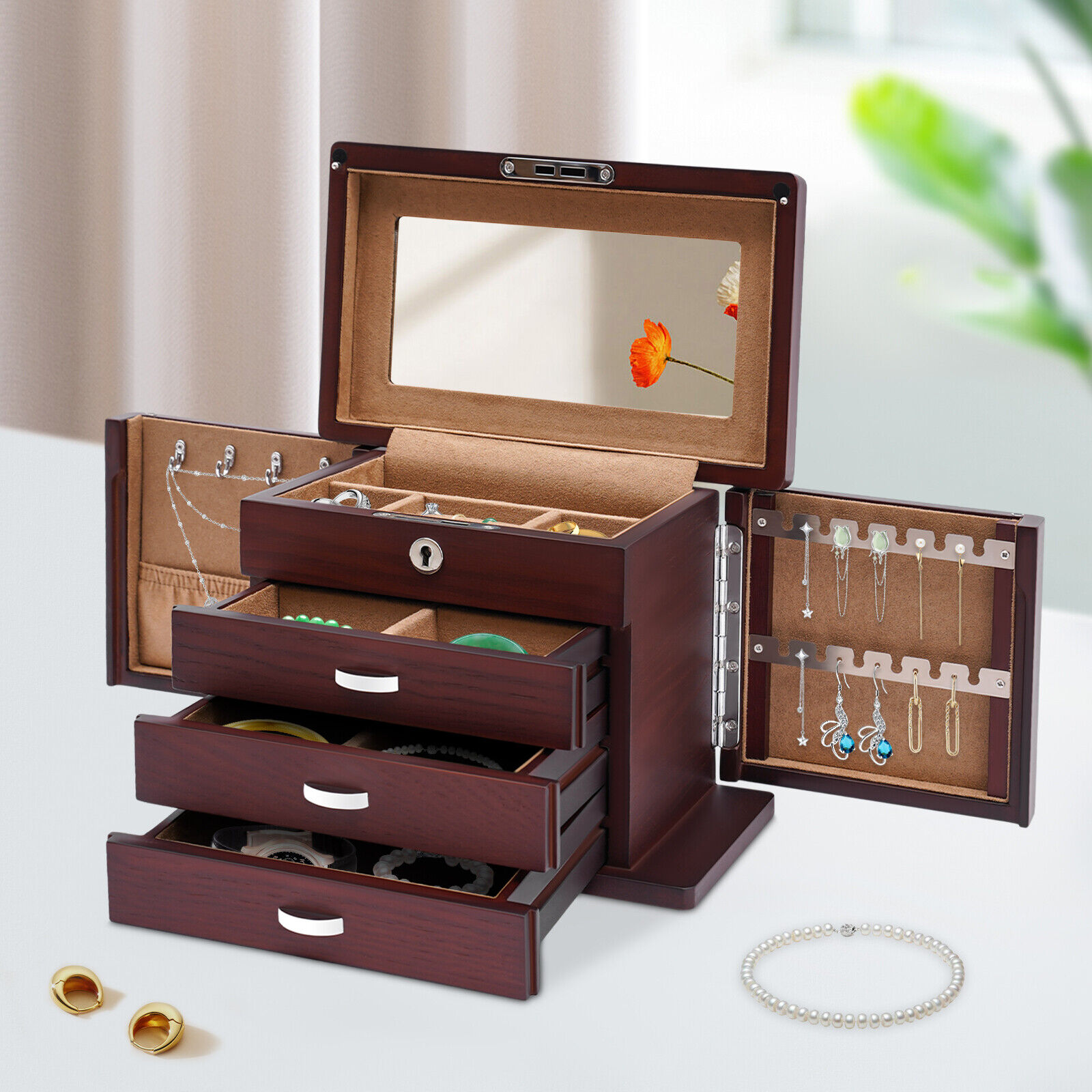 4-Layer Large Wooden Jewelry Box Large Wooden Jewelry Box with Drawers