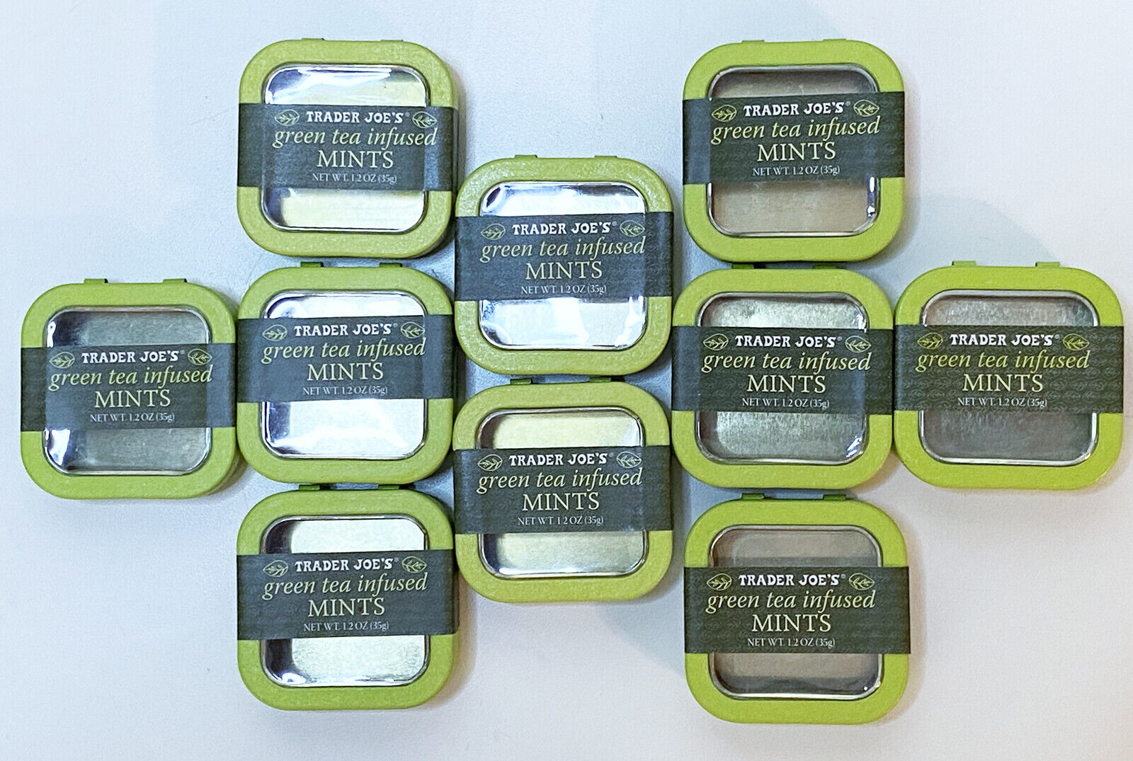 10 EMPTY Trader Joe\'s Green Mint Candy Metal Tins Storage Boxes 