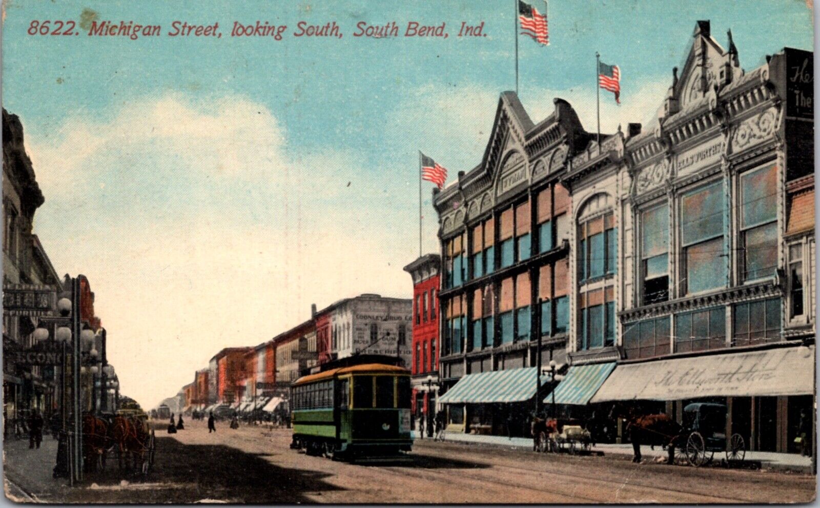 Postcard Michigan Street, Looking South in South Bend, Indiana