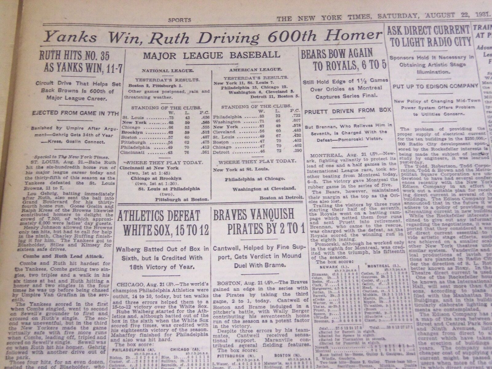 1931 AUGUST 22 NEW YORK TIMES - BABE RUTH HITS 600TH HOMER - NT 4991