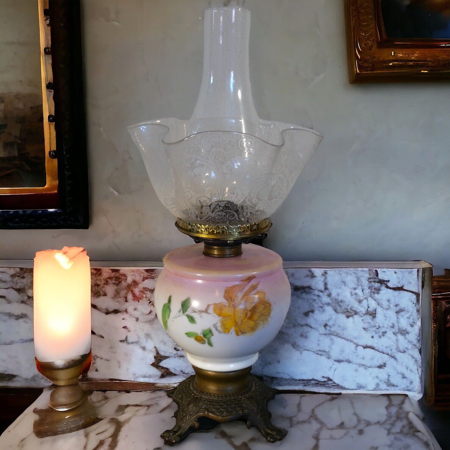 19th Century American Victorian Painted Opaline Glass/Gilt Brass Base Oil Lamp