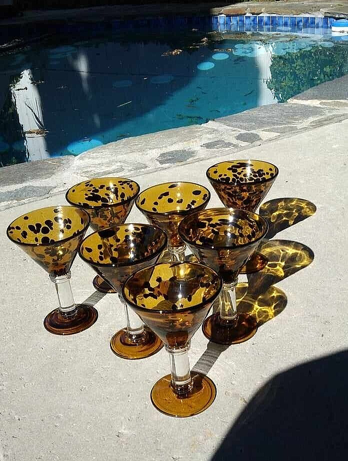Gorgeous Set of 7 Vintage Handmade Palamino Tortoise Martini Blown Art Glasses