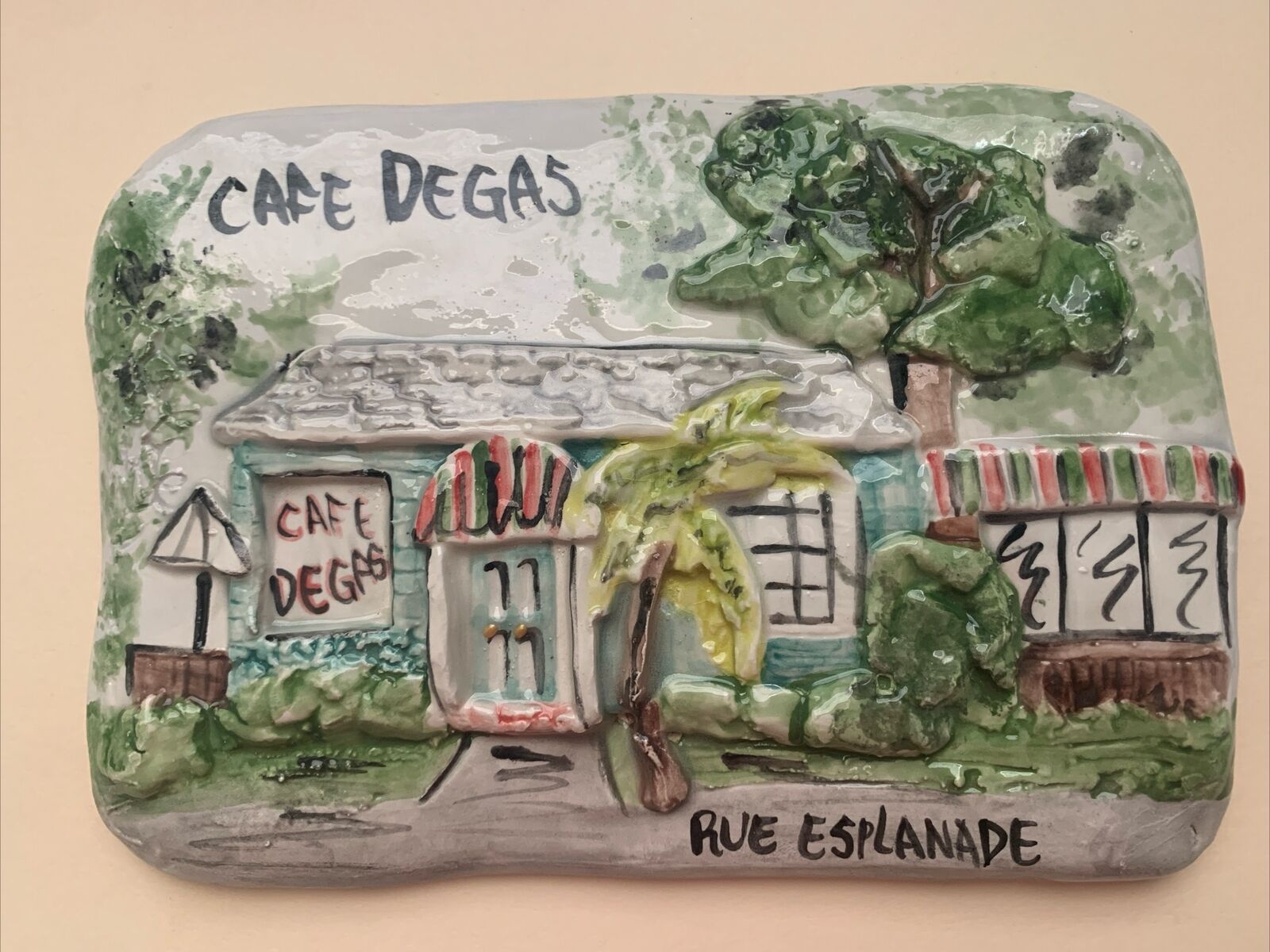 NEW ORLEANS CLAY CREATIONS HAND PAINTED WALL PLAQUE-CAFE DEGAS RUE ESPLANADE