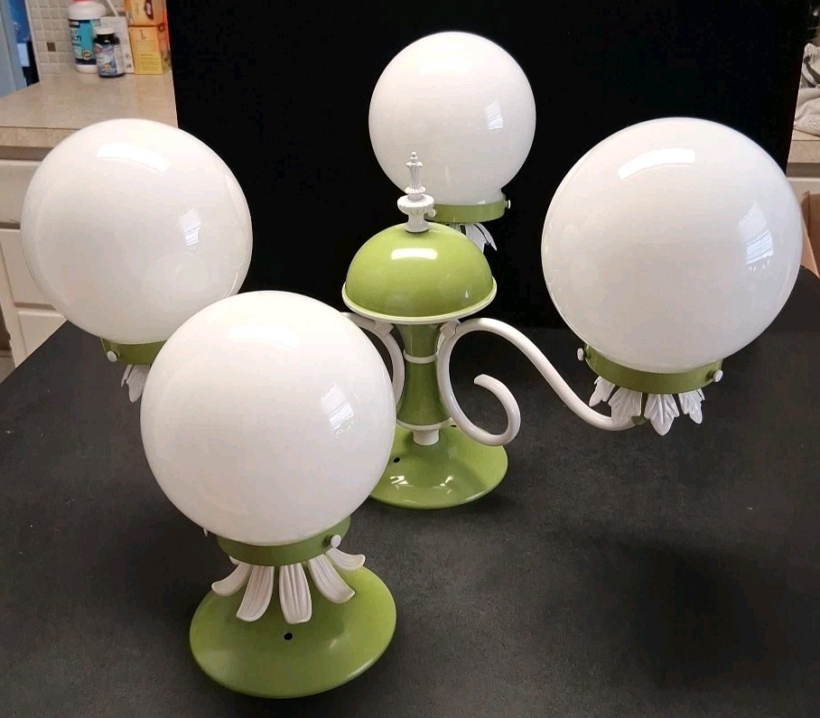 1970\'s Mid Century 3 Arm Chandelier & Single Globe Lights Green W/White Flowers 1970\'s Mid Century 3 Arm Chandelier & Single Globe Lights Green W/White Flowers