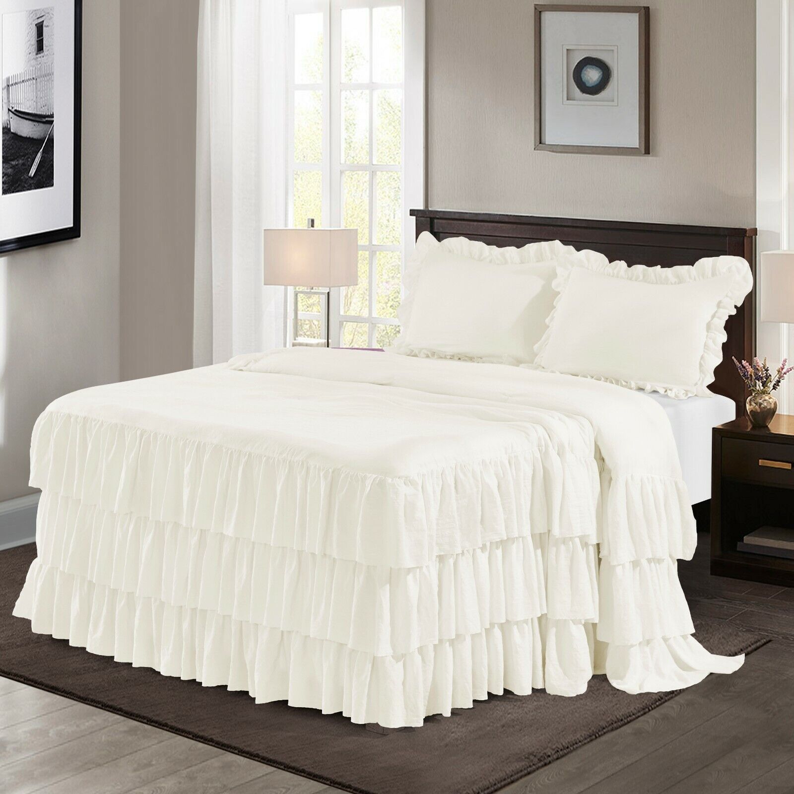 HIG 3 Piece ECHO Classic Ruffle Skirt Bedspread Set 30 inches Drop - Ivory