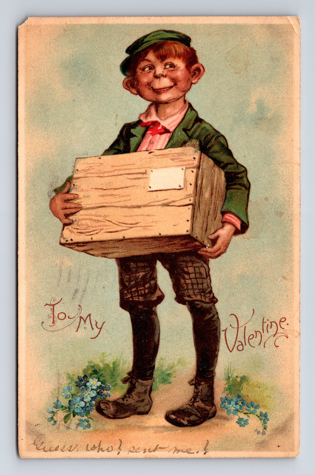 1906 TUCK\'s Valentine\'s Day Boy With Gift in Box Forget Me Not Flowers Postcard