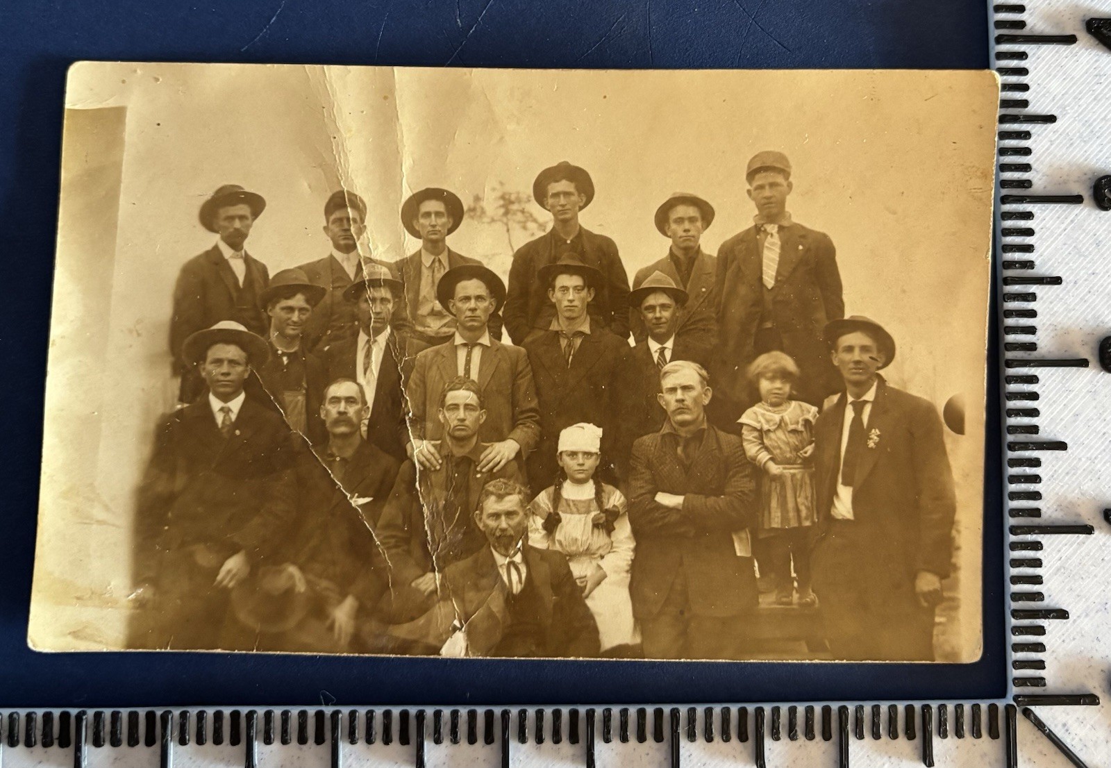 Antique Vtg Photo Rppc Postcard Large Group Men Hats 2 Girls 1910s Antique Vtg Photo Rppc Postcard Large Group Men Hats 2 Girls 1910s
