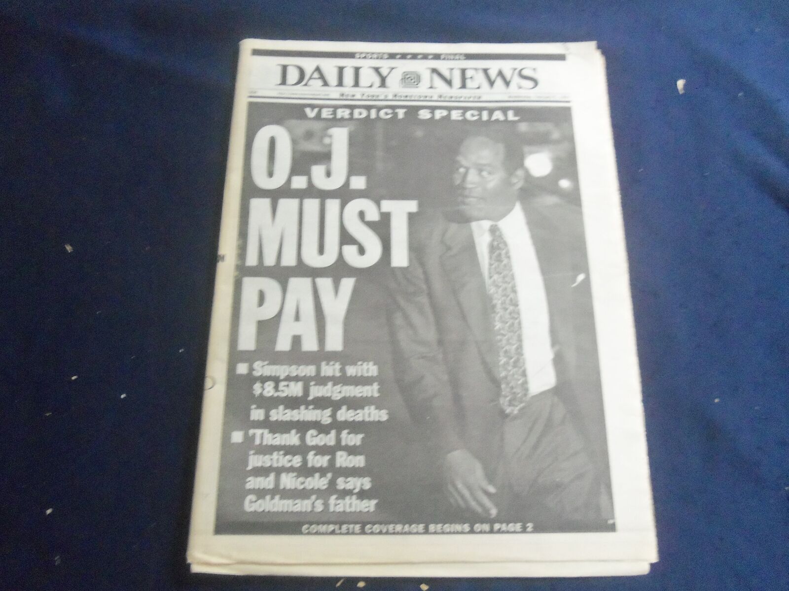 1997 FEBRUARY 5 NEW YORK DAILY NEWS NEWSPAPER - O.J. MUST PAY $8.5 MIL - NP 5665