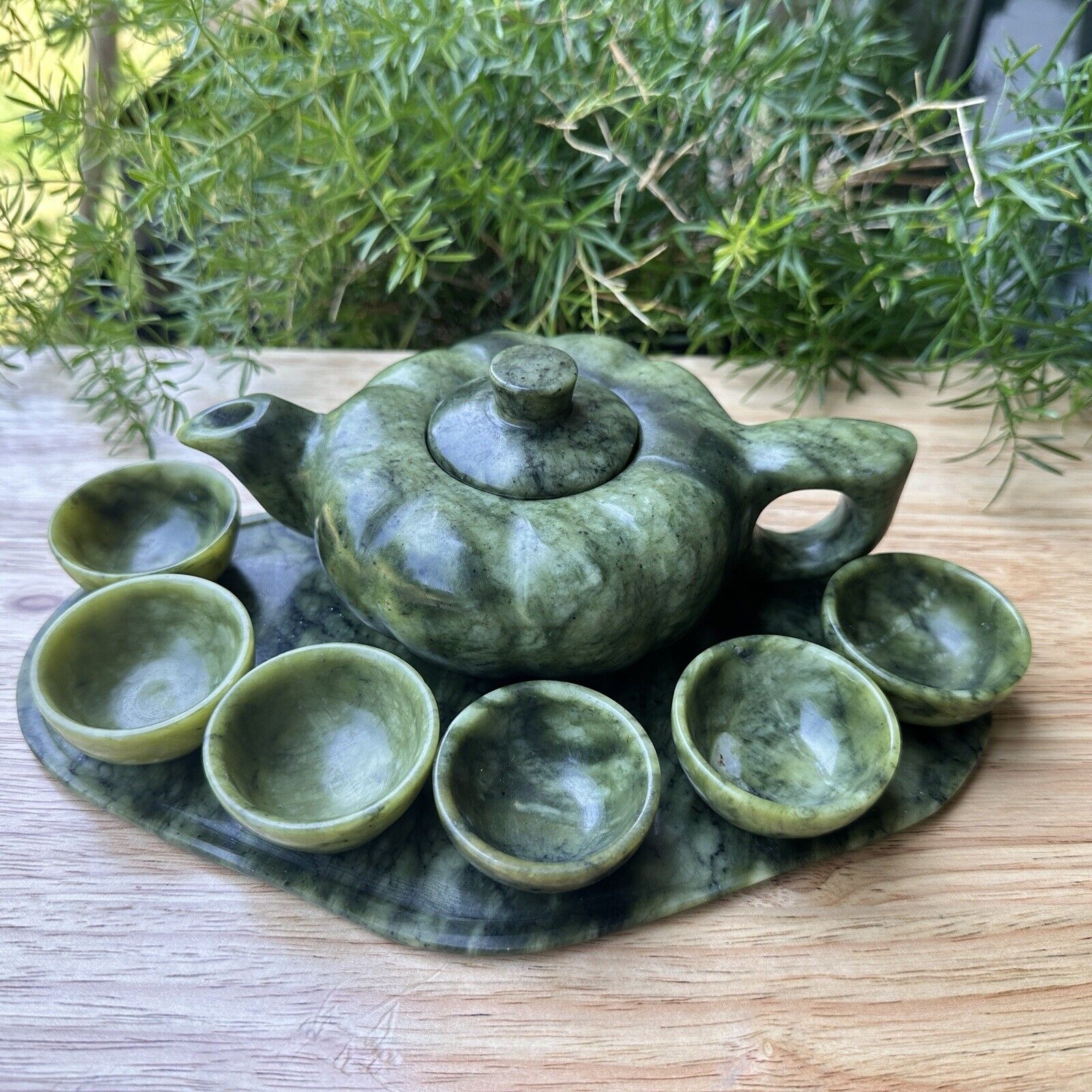 Chinese Green Jade Small Teapot Cups Tray Hand Carved Pumpkin Shaped 9 Pieces