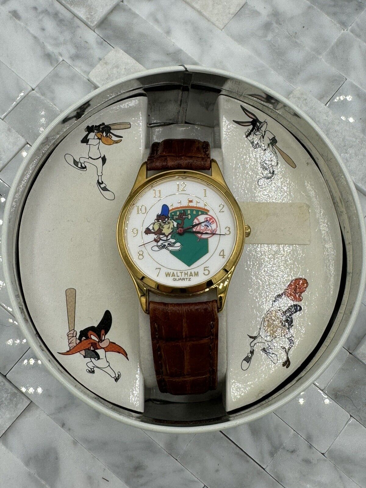 Looney Tunes Yankees Watch Gold Buckle, Leather Band - Waltham Brand
