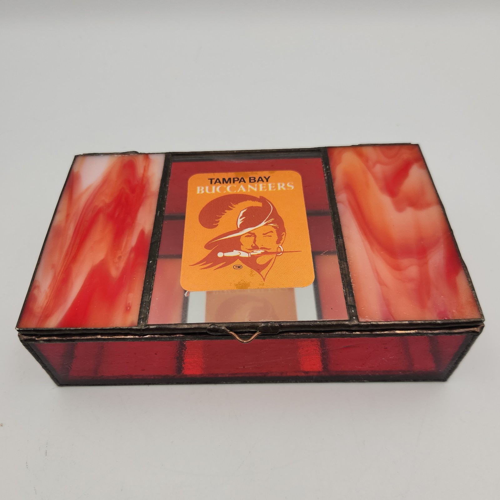 Vintage Tampa Bay Buccaneers Bucco Bruce Stained Glass Trinket Jewelry Box NFL