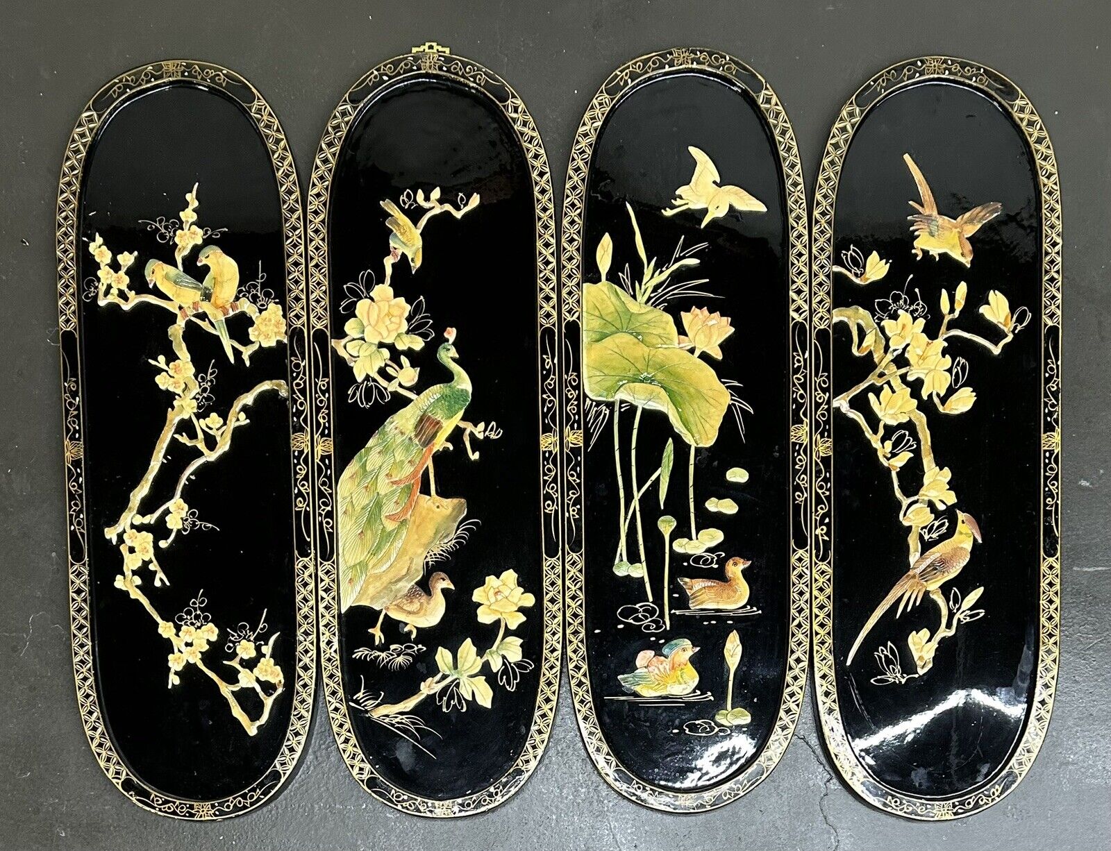 4 VTG Oriental Mother of Pearl Black Lacquer Asian Wall Art Plaque Panels Birds