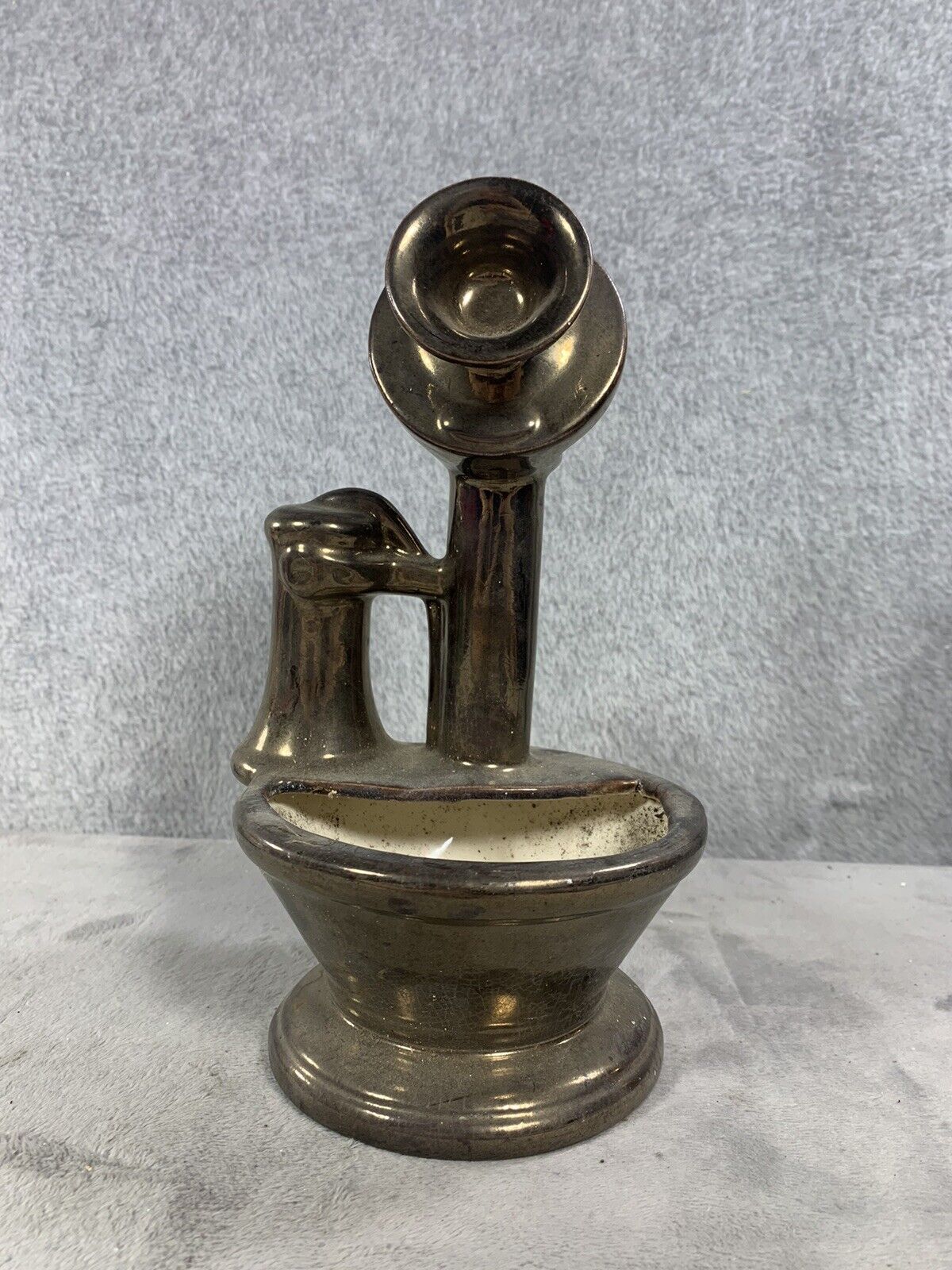 Vintage Glazed 9” Ceramic Old Time Telephone Planter Pottery Black Antique EUC