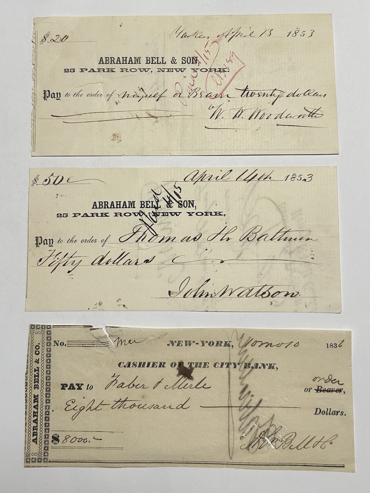 3 Antique 1830s-1853 New York Checks Abraham Bell & Son City Bank $8000 Rare Y91
