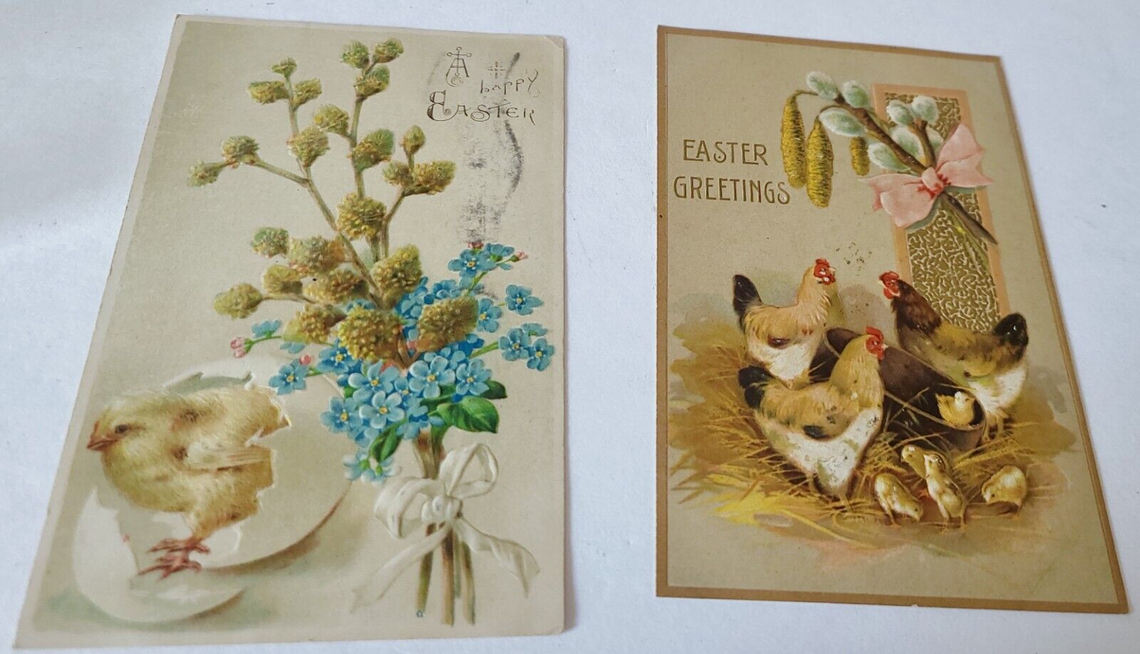 2 Antique Easter Greetings Postcards Embossed Chicks Hens Pussy Willows