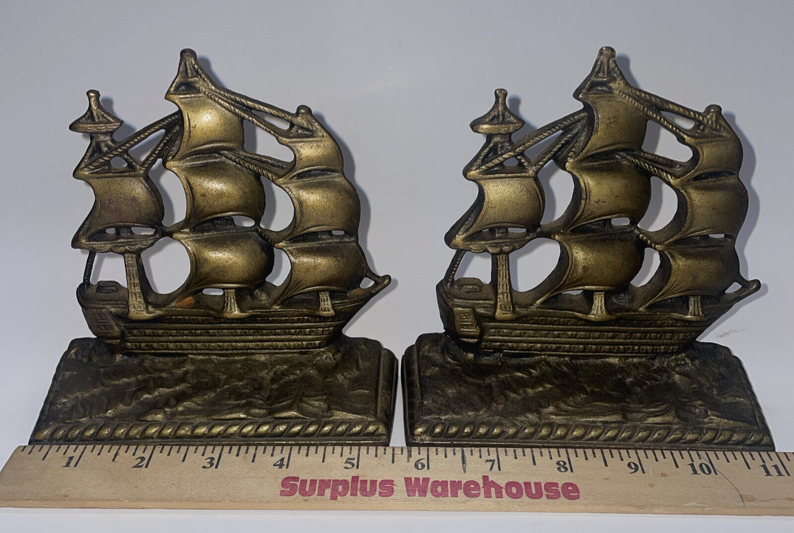 Vintage Pair of VICTORY Sailing Ship 1400 Inscription-Gold/Iron Plated Book Ends