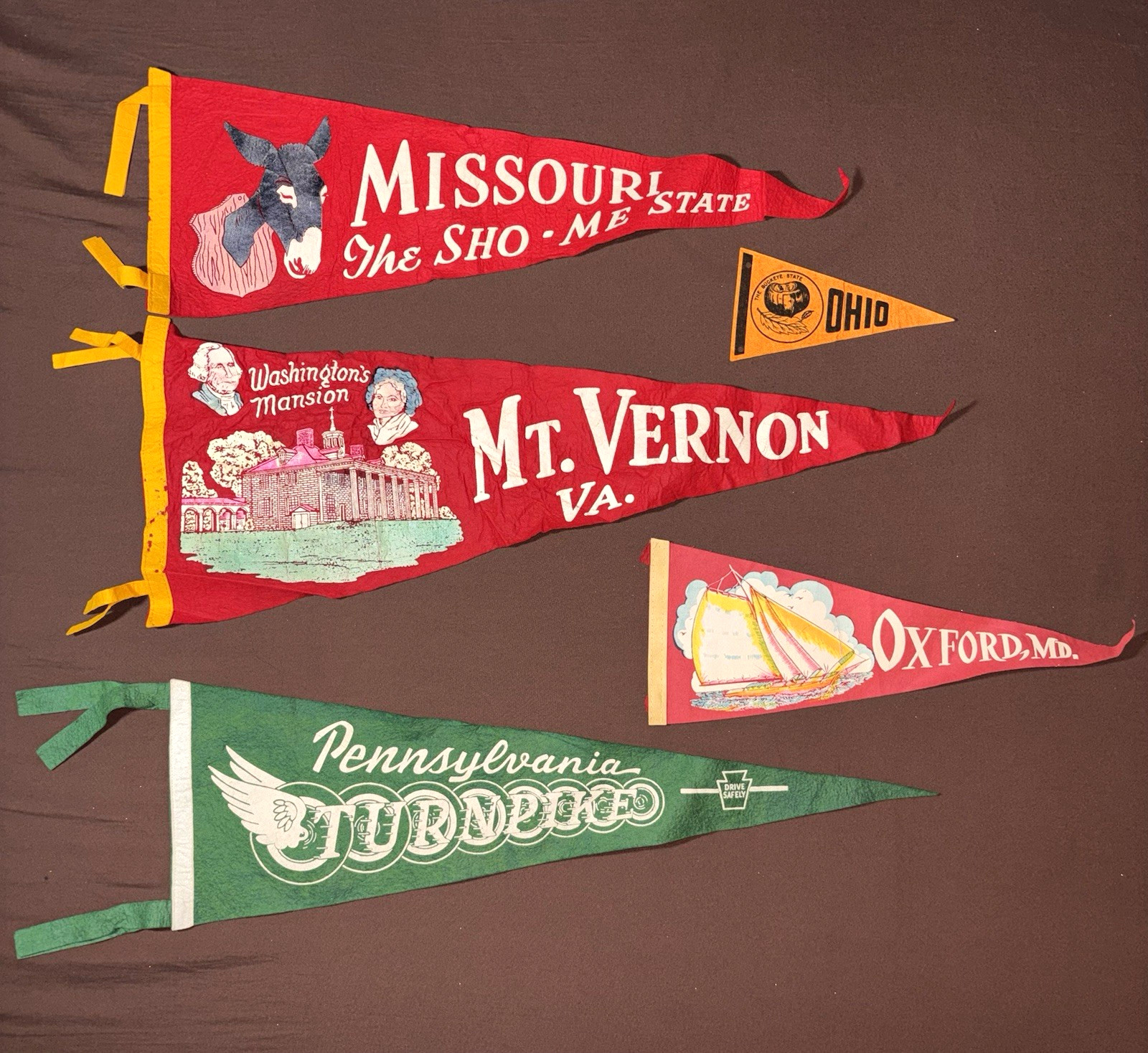 Vintage Souvenir Pennant Flags Lot Missouri Mt Vernon VA Oxford MD Ohio PA Vintage Souvenir Pennant Flags Lot Missouri Mt Vernon VA Oxford MD Ohio PA