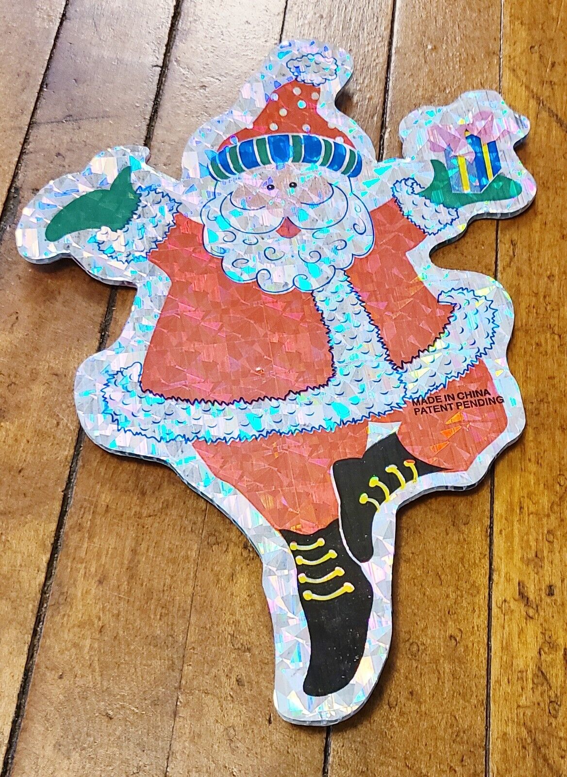 Vintage Glittery Foil Print Dancing Santa 2 Sided 9 Inch Long