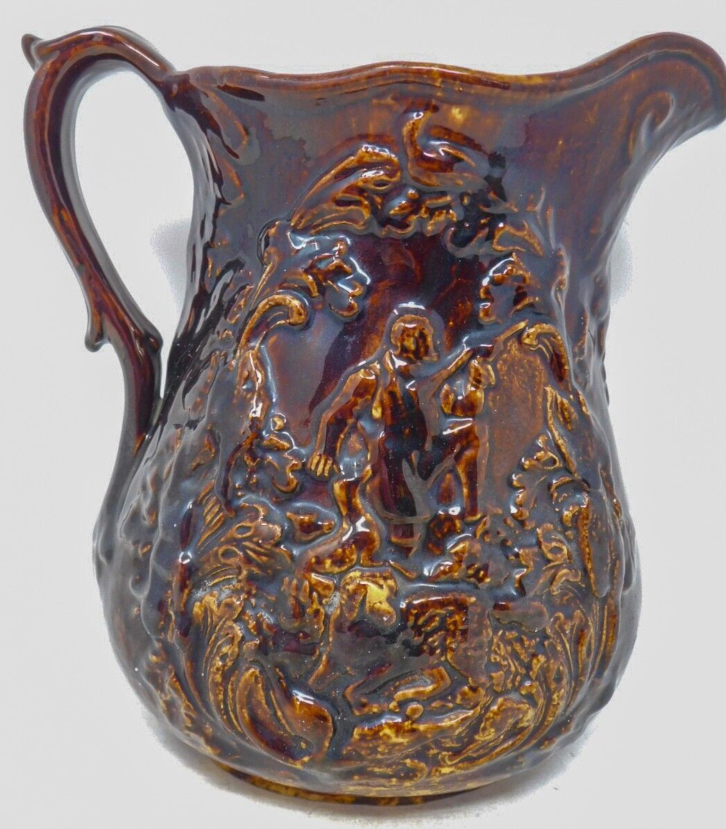 c. 1853 Pitcher Daniel Boone Rockingham Bennington Pottery Antique Yellow-ware
