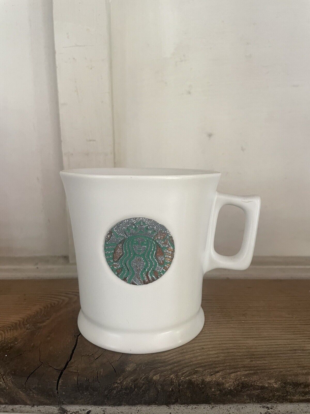 2014 14oz Starbucks Siren Collection Coffee Mug White Copper Metal Logo Rustic