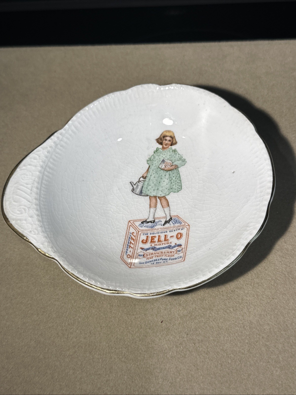 Antique (c. 1910) Jell-O Dish (Girl On Box, Green Dress, Teapot) Bone China Gold Antique (c. 1910) Jell-O Dish (Girl On Box, Green Dress, Teapot) Bone China Gold