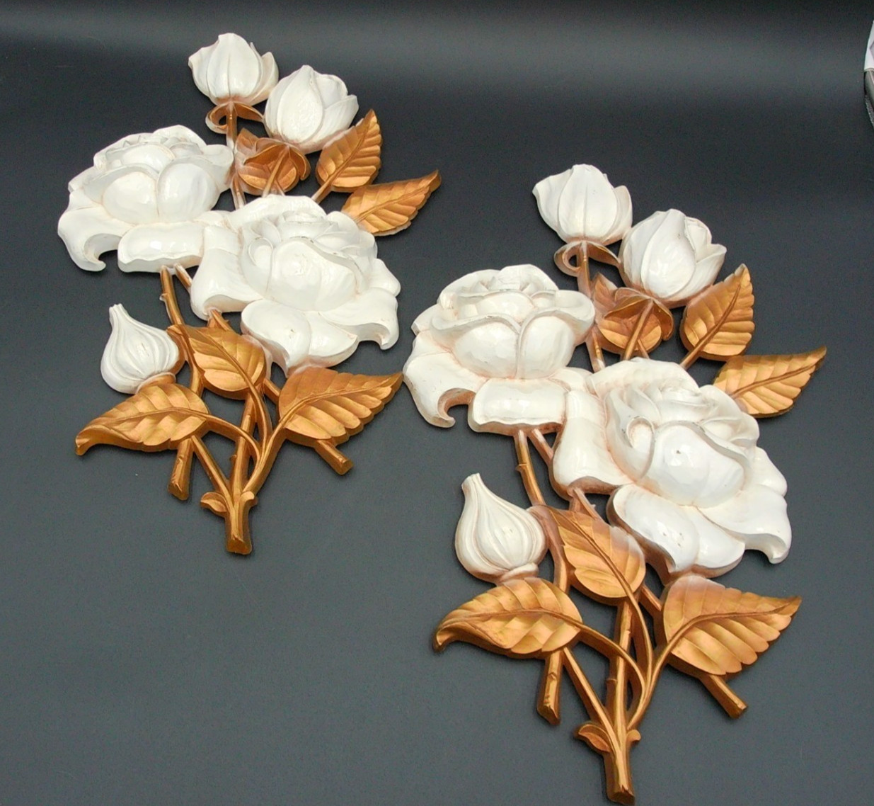 Vintage Syroco White Roses Wall Plaque A-4460 Gold Leaf Homco Set of 2 Vintage Syroco White Roses Wall Plaque A-4460 Gold Leaf Homco Set of 2