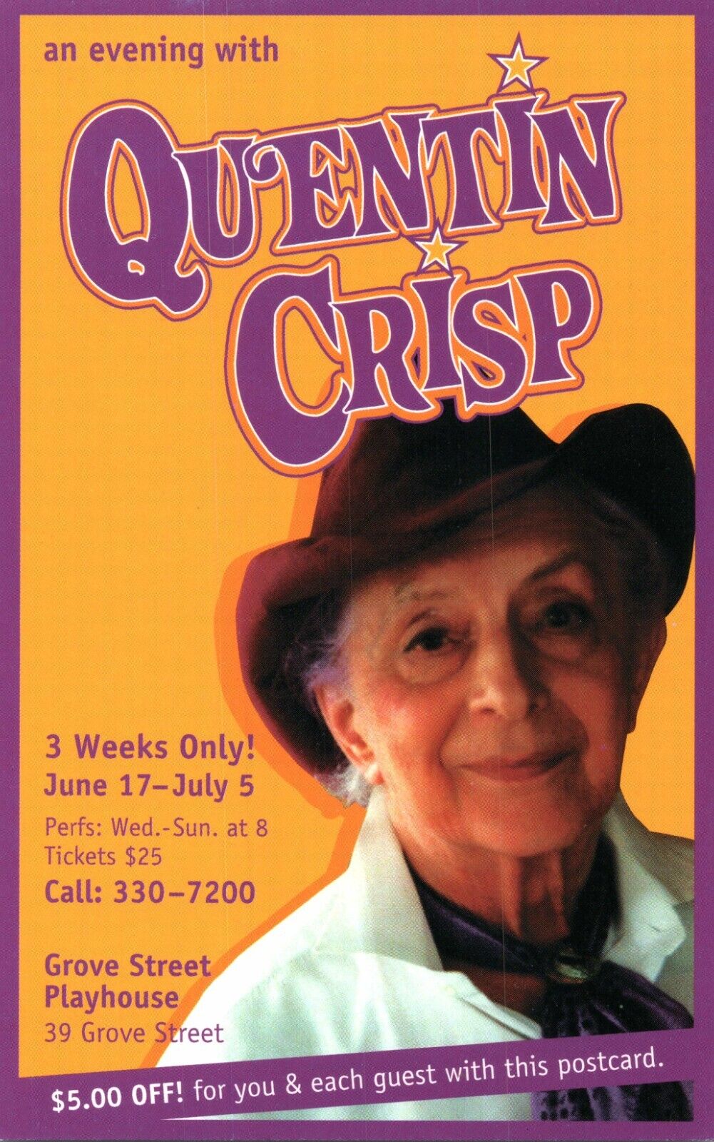 An Evening with Quentin Crisp Grove St. Playhouse NY Gay Theater 1998 Postcard