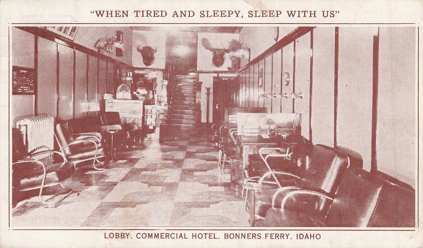 Postcard Lobby Commercial Hotel Bonners Ferry Idaho 1942 PM Moose Bison Mount