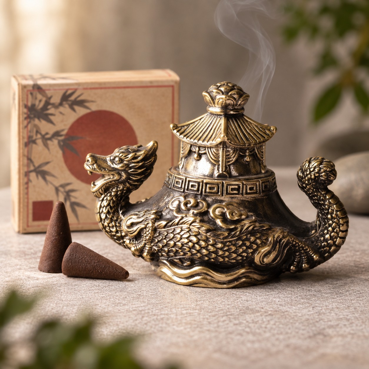Vintage Japan Dragon Pagoda Incense Burner Censer Gold Tone Cast Metal 4